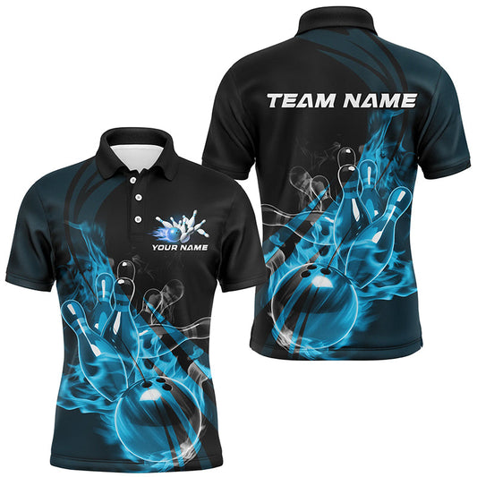 Black And Blue Custom Flame Bowling Team Shirts For Men, Bowling Polo Bowling League Shirts IPHW7418