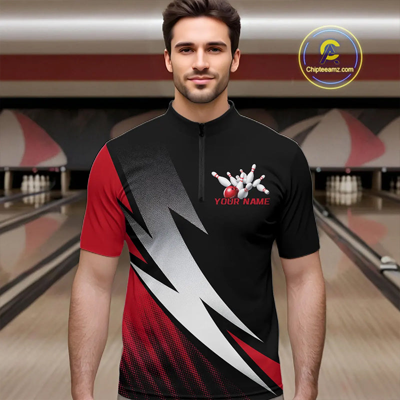 Black And Red Custom Bowling Jerseys, Bowling Team Shirts For Men Bowling Tournament Outfits IPHW7706
