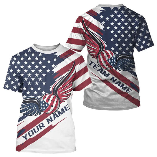 Custom US Flag Patriotic Pickleball T-Shirts For Men, Pickleball Ball With Wings Shirt IPHW8128