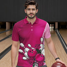 Load image into Gallery viewer, Bowling And Pink Roses Custom Valentine Bowling Polo Shirts For Men Bowling Couple Outfits IPHW8355