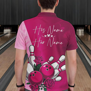 Bowling And Pink Roses Custom Valentine Bowling Polo Shirts For Men Bowling Couple Outfits IPHW8355