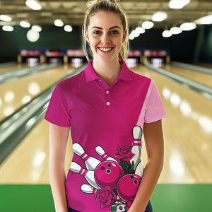 Bowling And Pink Roses Custom Valentine Bowling Polo Shirts For Women Bowling Couple Outfit IPHW8355