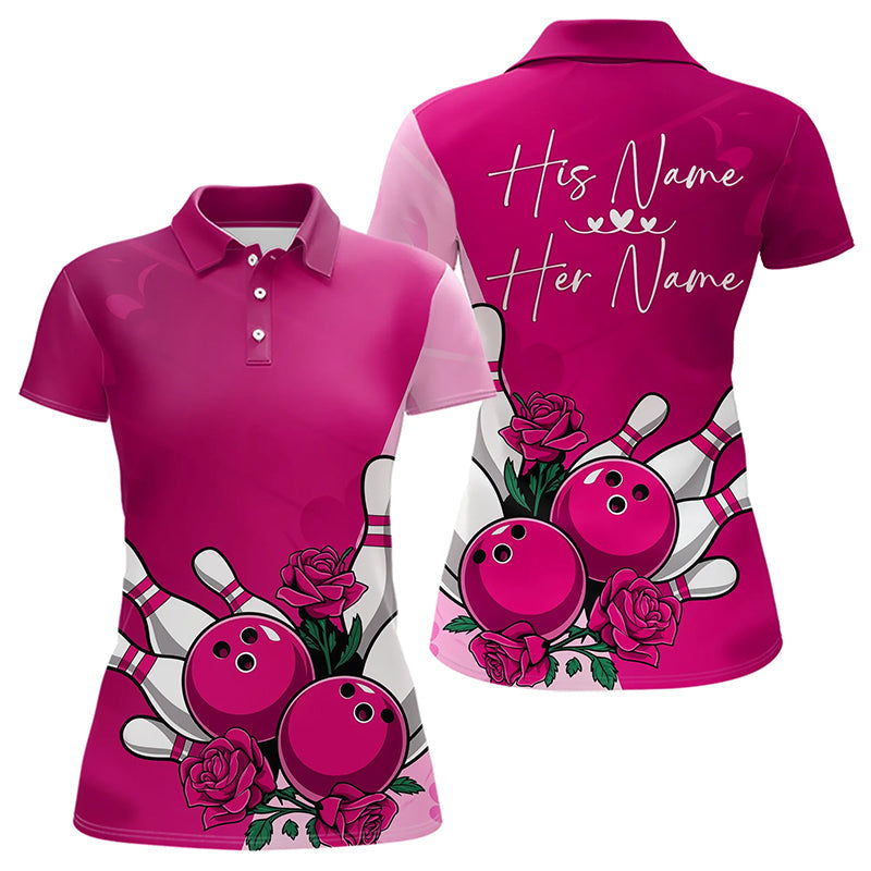 Bowling And Pink Roses Custom Valentine Bowling Polo Shirts For Women Bowling Couple Outfit IPHW8355