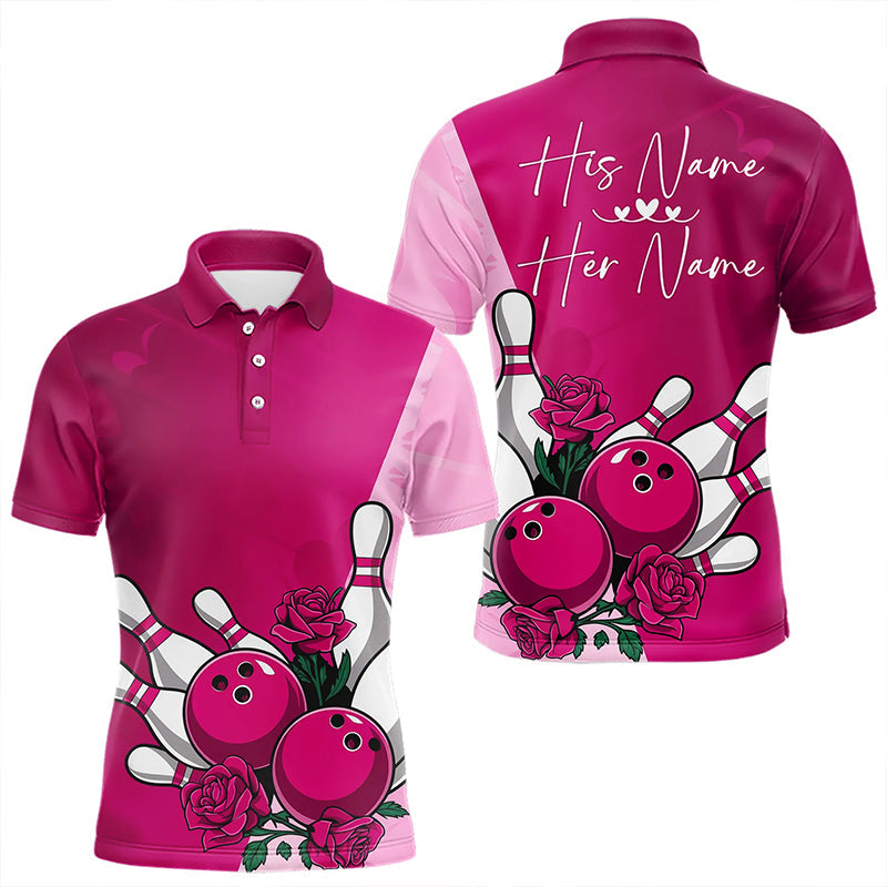 Bowling And Pink Roses Custom Valentine Bowling Polo Shirts For Men Bowling Couple Outfits IPHW8355