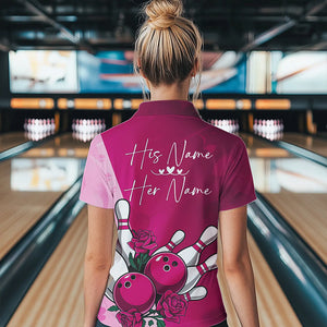 Bowling And Pink Roses Custom Valentine Bowling Quarter-Zip Shirts For Women Bowling Couple IPHW8355