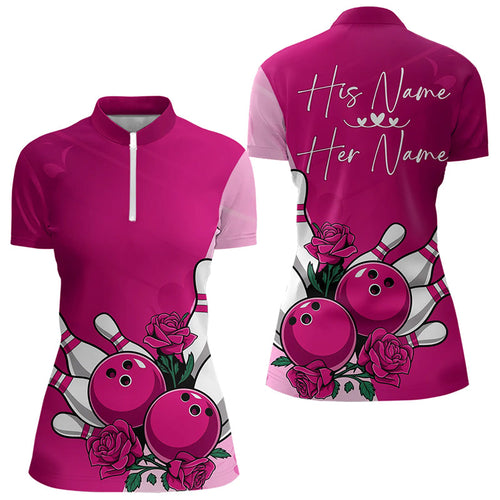 Bowling And Pink Roses Custom Valentine Bowling Quarter-Zip Shirts For Women Bowling Couple IPHW8355