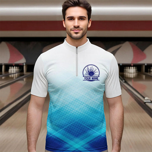 Custom Blue Bowling Team Quarter-Zip Shirts For Men, Bowling Tournament Bowling League Shirt IPHW8539