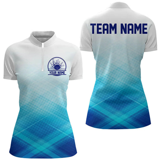 Custom Blue Bowling Team Womens Quarter-Zip Shirts, Bowling Tournament Bowling League Shirt IPHW8539