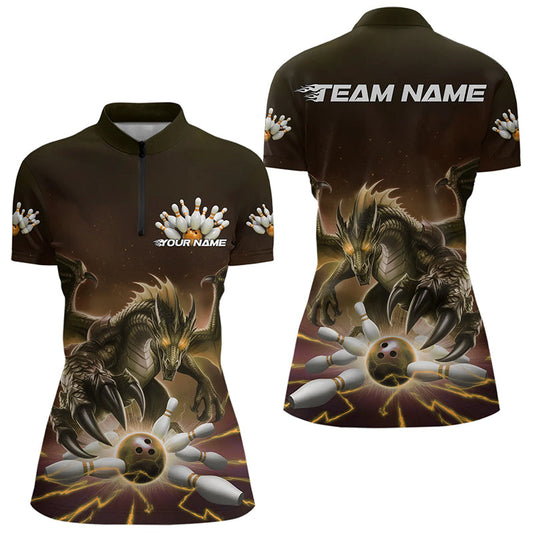 Custom Black And Yellow Dragon Bowling Team Womens Quarter-Zip Shirts, Bowling League Shirt IPHW8551