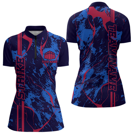 Custom Blue And Red Strike Bowling Quarter-Zip Shirts For Women, Bowling Team Uniform IPHW8858