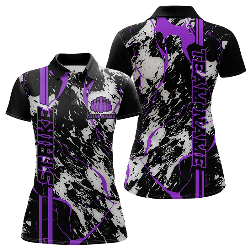 Custom Gray And Purple Strike Bowling Polo Shirts For Women, Bowling League Team Uniform IPHW8860