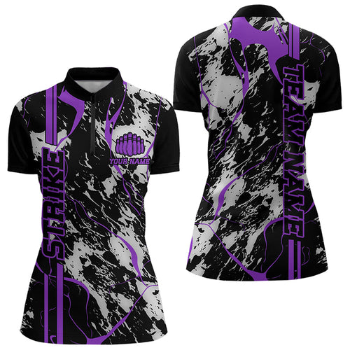 Custom Gray And Purple Strike Bowling Womens Quarter-Zip Shirt, Bowling League Team Uniform IPHW8860