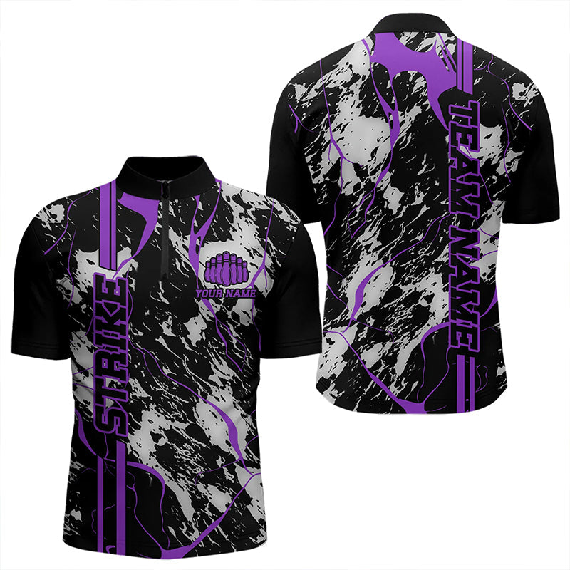 Custom Gray And Purple Strike Bowling Quarter-Zip Shirts For Men, Bowling League Team Uniform IPHW8860