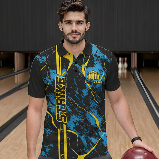 Custom Blue And Yellow Strike Bowling Polo Shirts For Men, Bowling League Team Uniform IPHW8863