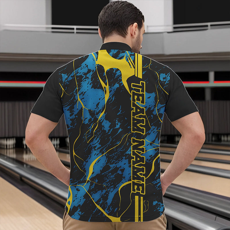 Custom Blue And Yellow Strike Bowling Quarter-Zip Shirts For Men, Bowling League Team Uniform IPHW8863