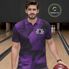 Load image into Gallery viewer, Man wearing a purple and black bowling shirt with a logo on a bowling alley.