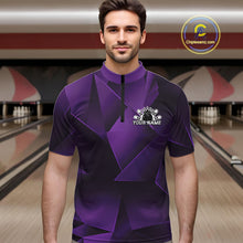Load image into Gallery viewer, Man wearing a purple bowling shirt with a logo in a bowling alley.