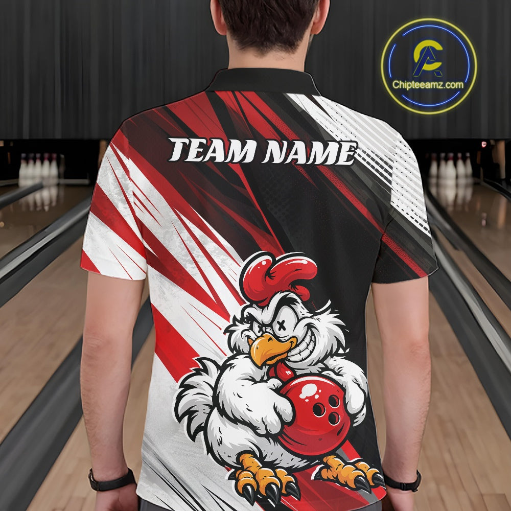 A person viewed from behind wearing a short-sleeve bowling-themed polo shirt with a large cartoon chicken holding a red bowling ball on the back, plus 'TEAM NAME' text across the upper back. Bowling lanes are visible in the background, and a circular 'Chipteamz.