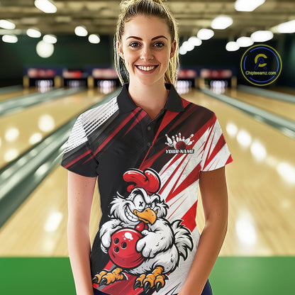 Custom Funny Crazy Chicken Bowling Team Women Polo Shirt, Red Chicken Bowling Jerseys IPHW11617