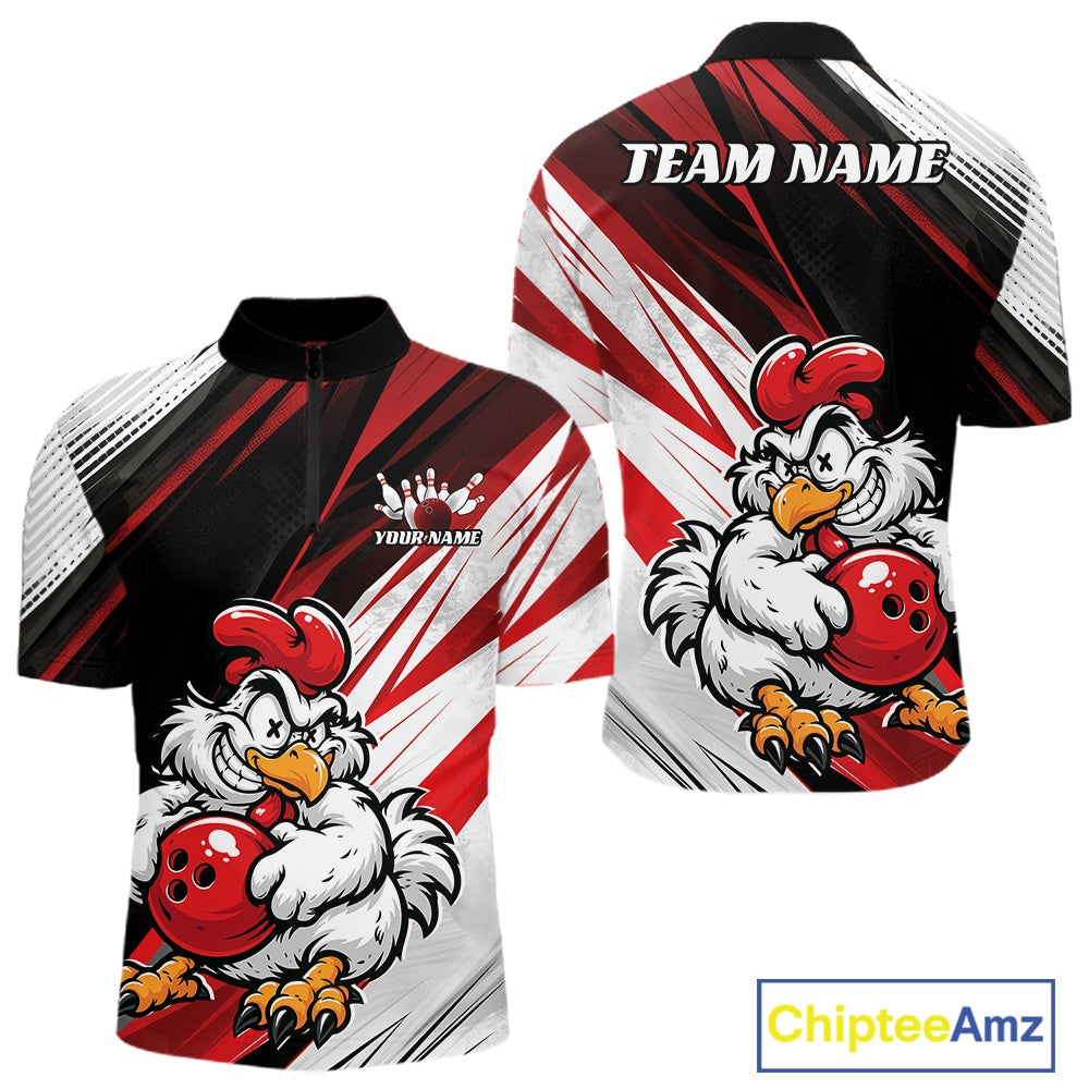 Custom Funny Crazy Chicken Bowling Team Men Quarter Zip Shirt, Red Chicken Bowling Jerseys IPHW11617