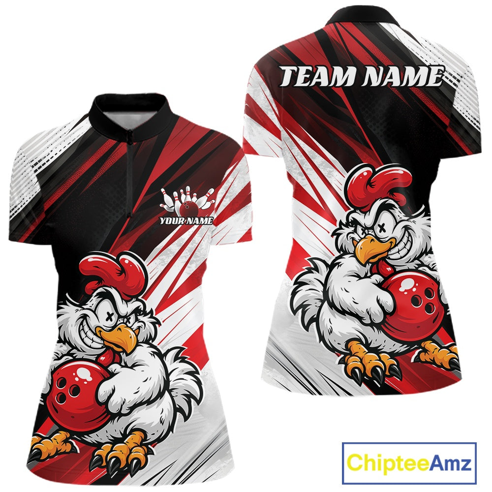 Front and back views of a short-sleeve athletic jersey with a red, black, and white racing-style graphic pattern, featuring a cartoon rooster holding a red bowling ball and customizable text areas on the chest and back.