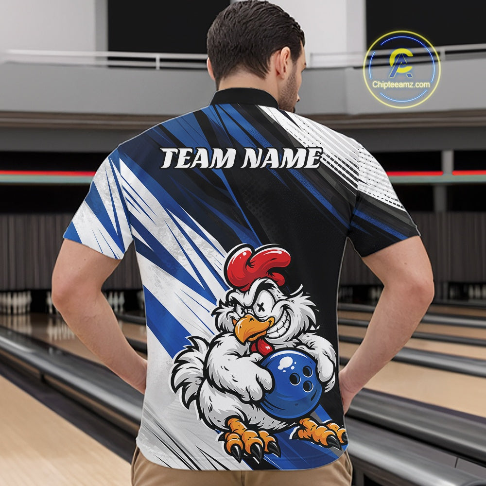 A man viewed from behind wearing a custom bowling jersey in a bowling alley. The back of the jersey is black, white, and blue with a cartoon rooster holding a blue bowling ball, and the text 'TEAM NAME' printed across the upper back.