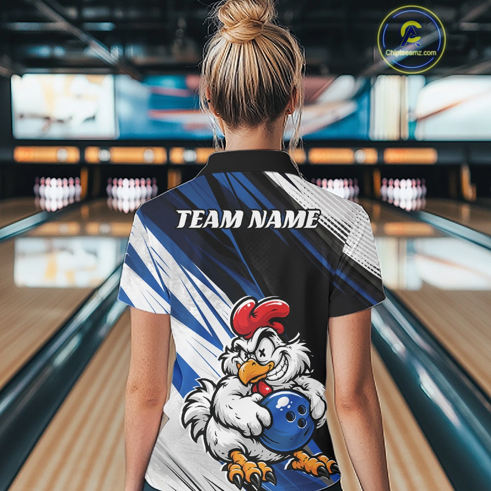 A woman viewed from behind wearing a custom bowling-themed short-sleeve polo shirt with a cartoon rooster graphic and 'TEAM NAME' placeholder text on the back, standing in a bowling alley.