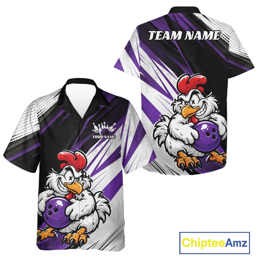 Custom bowling-themed short-sleeve button-up shirt shown in front and back views. The design features a cartoon chicken holding a purple bowling ball on a black, purple, and white graphic background, with 'TEAM NAME' printed on the back collar.