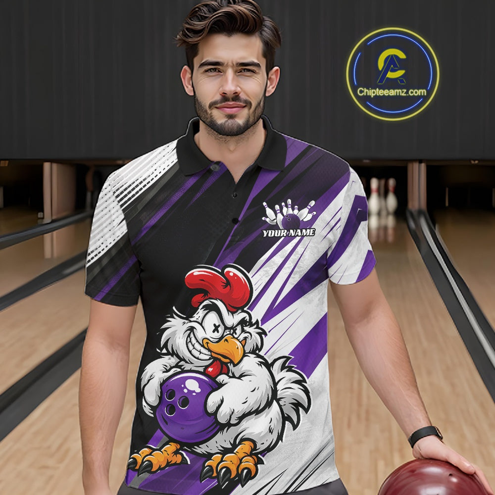 A man wearing a custom bowling polo shirt with a cartoon chicken graphic holding a purple bowling ball. The shirt features a black, purple, and white diagonal striped pattern with a white crown logo and placeholder text.