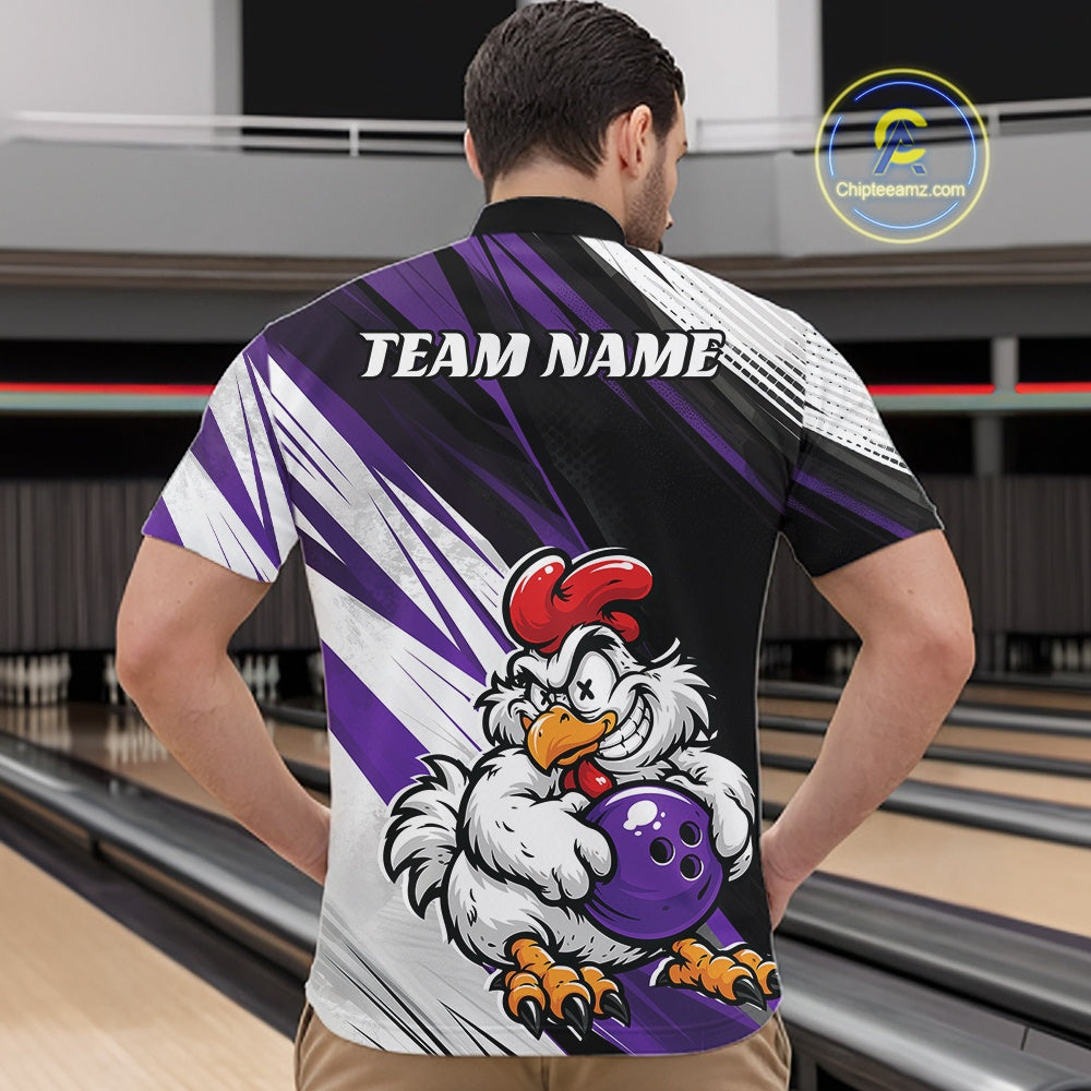 A man viewed from behind wearing a custom bowling jersey in a bowling alley. The jersey features a black, purple, and white graphic design with a cartoon rooster holding a purple bowling ball and the text 'TEAM NAME' on the back.