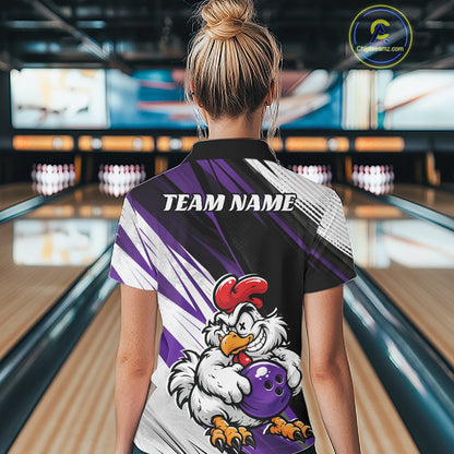 A woman viewed from behind wearing a custom bowling shirt in a bowling alley. The shirt features a black collar, purple and white graphic stripes, and a cartoon chicken mascot holding a purple bowling ball.