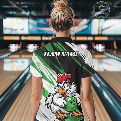 A woman viewed from behind wearing a custom bowling shirt with a cartoon chicken graphic and 'TEAM NAME' text, standing in a bowling alley.