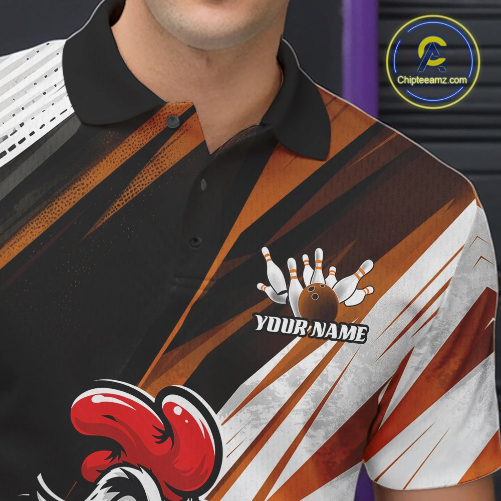 A close-up of a man wearing a custom bowling-themed polo shirt. The shirt features a black collar, a black and white textured shoulder panel, and a dynamic pattern of orange, brown, and white diagonal stripes.