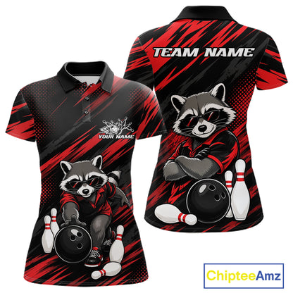 A custom short-sleeve polo shirt shown from the front and back, featuring a raccoon bowling graphic on a black and red patterned background. The front displays 'YOUR NAME' and a raccoon logo, while the back shows 'TEAM NAME'.
