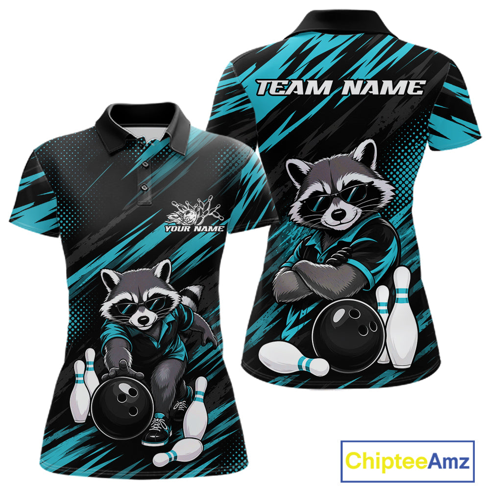 Front and back views of a short-sleeve polo shirt featuring a raccoon bowling graphic on a black and teal patterned background, with customizable text areas on the chest and back.