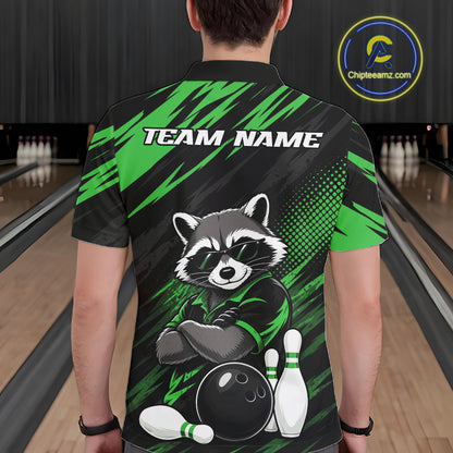 A person viewed from behind wearing a short-sleeve bowling shirt with a raccoon graphic and the words 'TEAM NAME' on the back. The shirt has a black and bright green design with bowling pins and a bowling ball illustration.