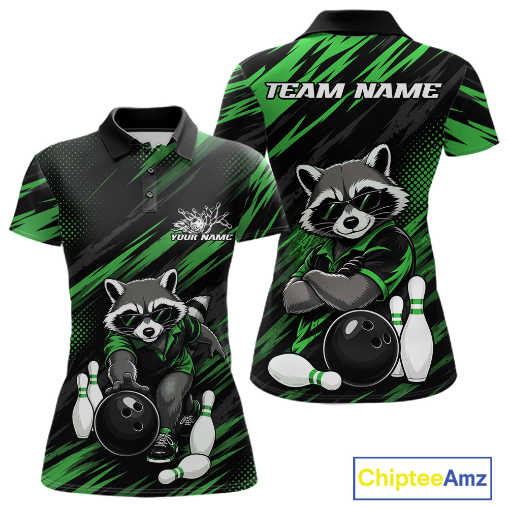 Custom womens short-sleeve polo shirt shown from the front and back, featuring a black and green abstract background with a cartoon raccoon wearing a bowling shirt, bowling ball, and bowling pins. The front displays 'YOUR NAME' and 'TEAM NAME' placeholders, and a 'ChipteeAmz' logo is visible in the bottom right corner.