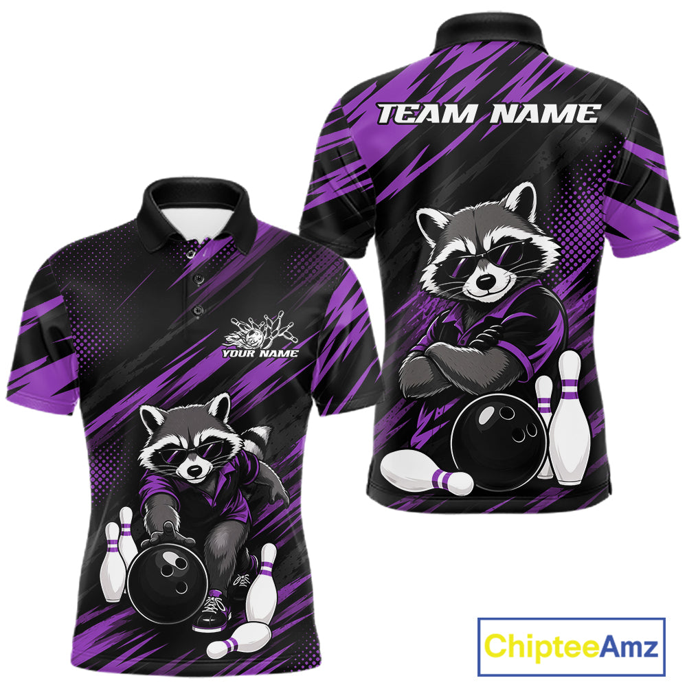 Front and back views of a short-sleeve polo shirt with a raccoon bowling graphic, black and purple diagonal stripes, and customizable text areas reading TEAM NAME and YOUR NAME. A ChipteeAmz logo appears in the bottom right corner.