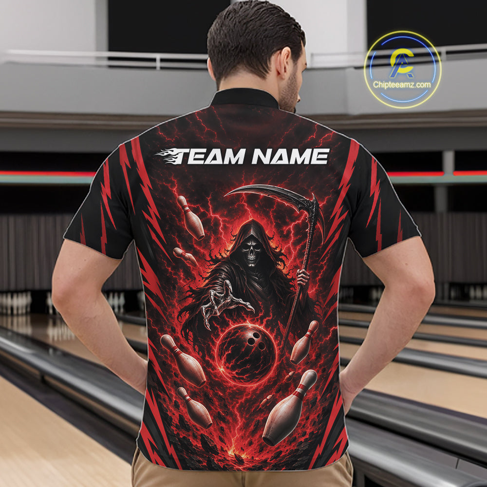 A man viewed from behind wearing a black short-sleeve bowling quarter zip shirt with a dramatic red and black graphic of a grim reaper, bowling pins, and a bowling ball. The shirt features the customizable text 'TEAM NAME' across the upper back.