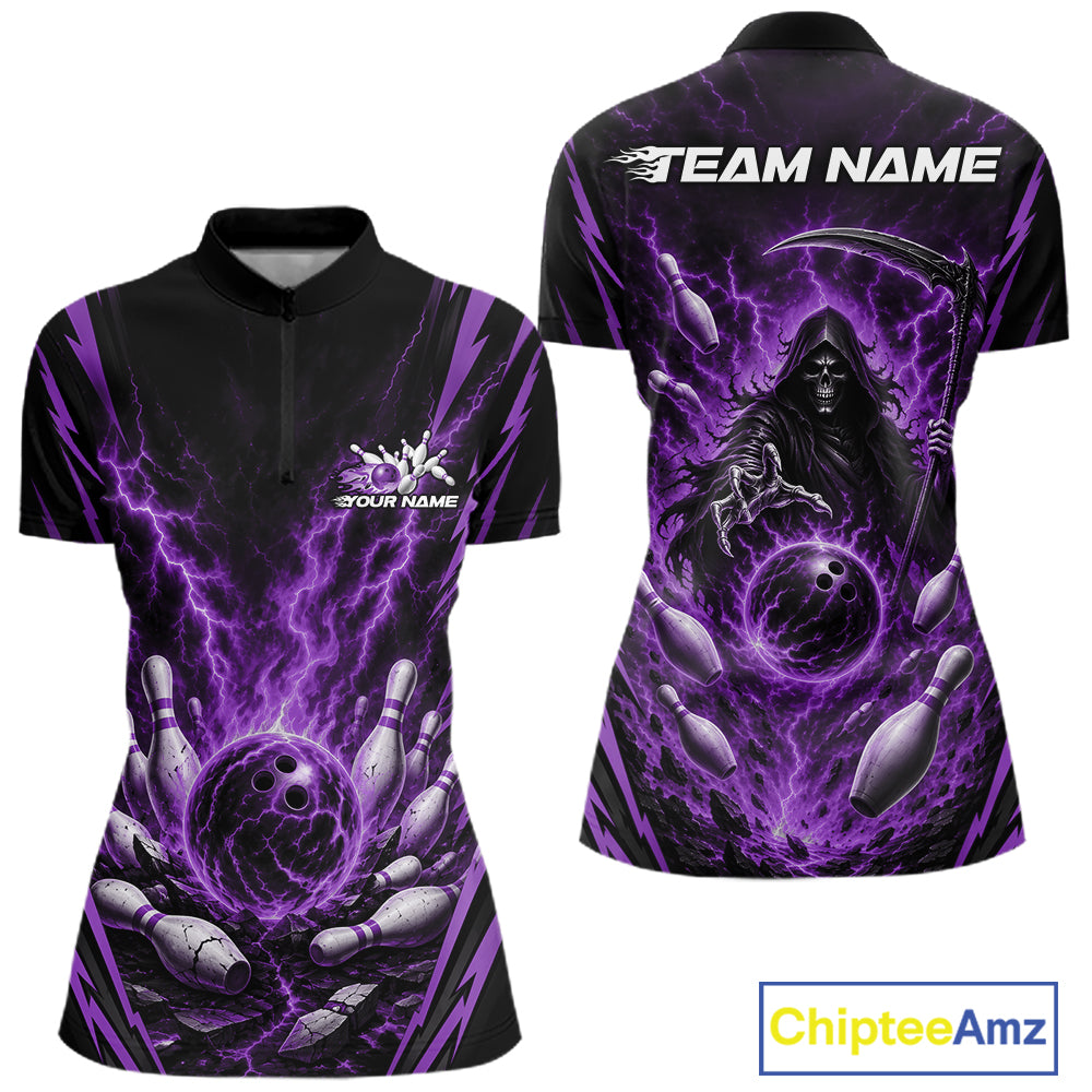 Front and back views of a short-sleeve quarter zip shirt with a black base and a vivid purple lightning-bolt graphic, featuring bowling pins, a bowling ball, and a grim reaper holding a scythe. The back has 'TEAM NAME' placeholder text, and the front has 'YOUR NAME' placeholder text.