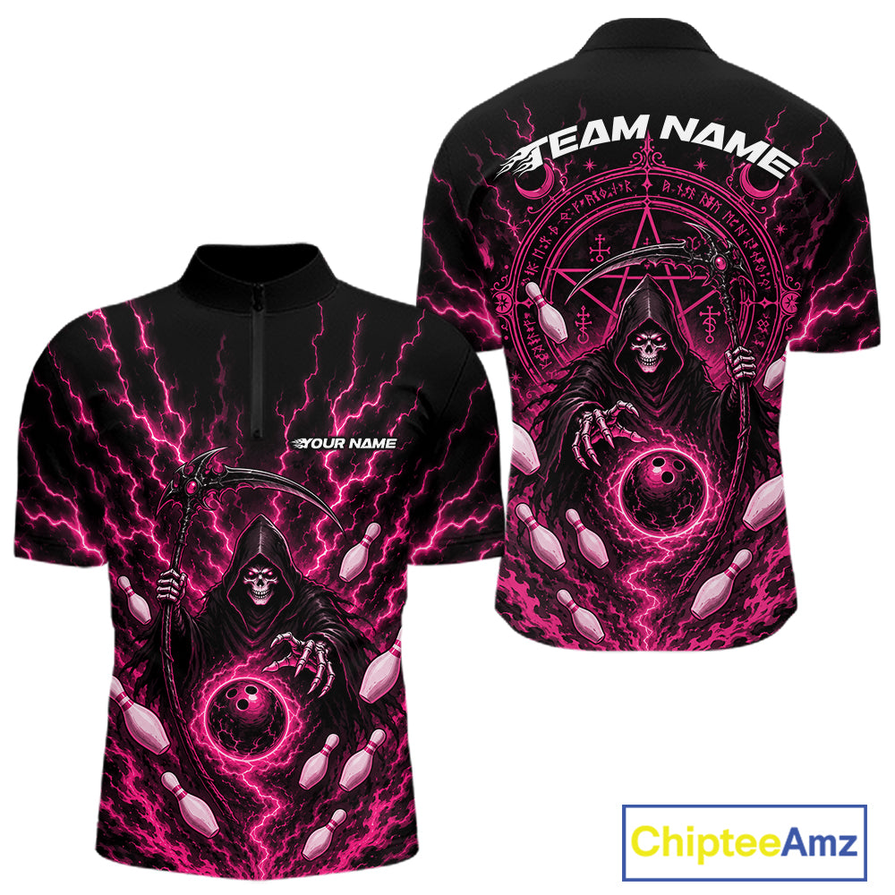 Black short-sleeve quarter-zip performance shirt with a vivid pink and purple grim reaper graphic featuring lightning, a scythe, and bowling pins, shown in front and back views on a white background with a ChipteeAmz logo.