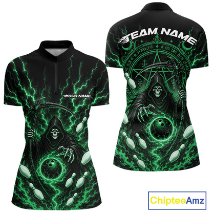 Front and back views of a women's short-sleeve quarter zip shirt with a black base and a vivid green grim reaper graphic featuring lightning, bowling pins, and custom text placeholders.