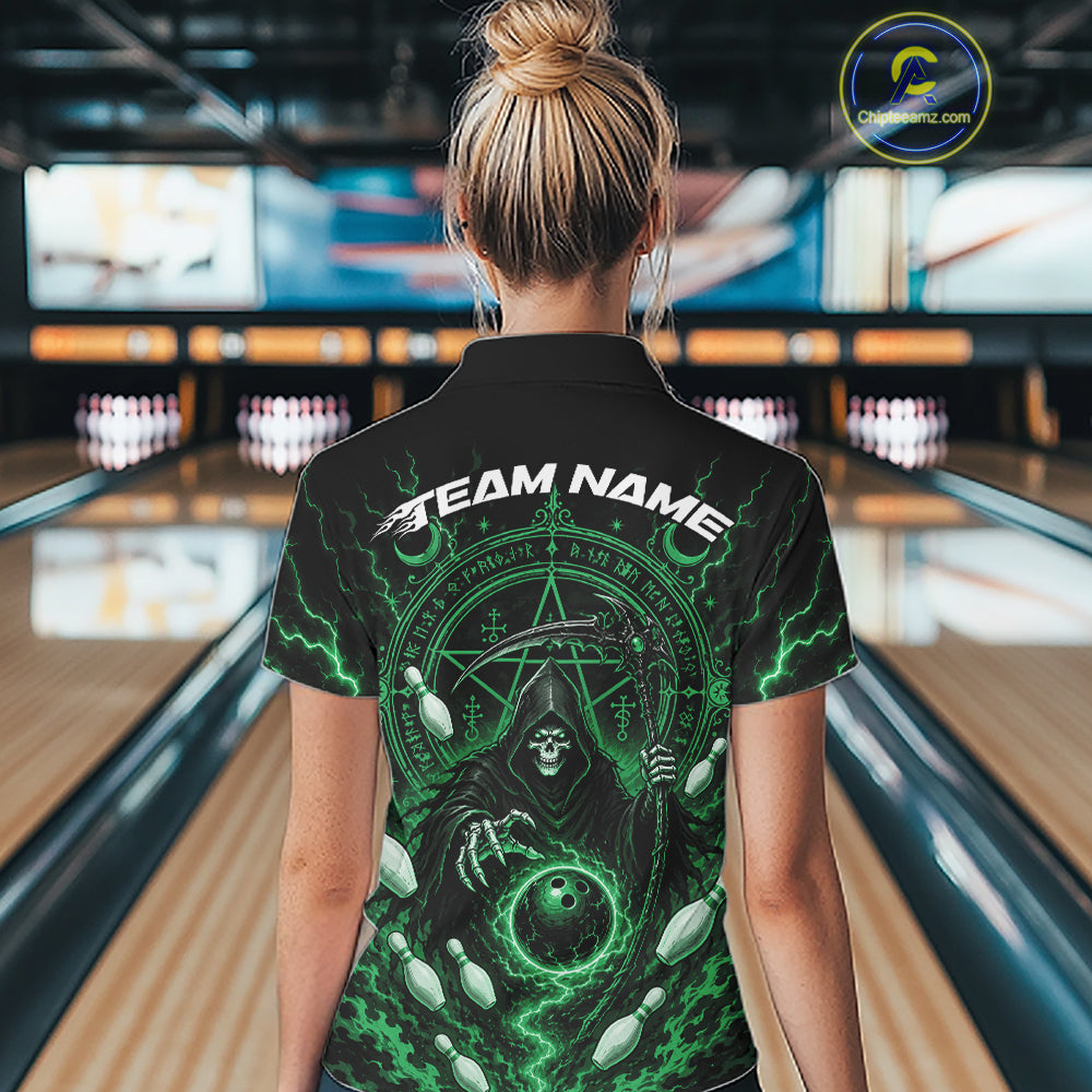 A woman viewed from behind wearing a black short-sleeve bowling shirt with a large green and black grim reaper graphic and the text 'TEAM NAME' on the back, standing in a bowling alley.