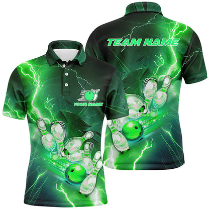 Lightning Strike Custom Green Bowling Polo Shirts, Bowling Team Jerseys For Men IPHW5220