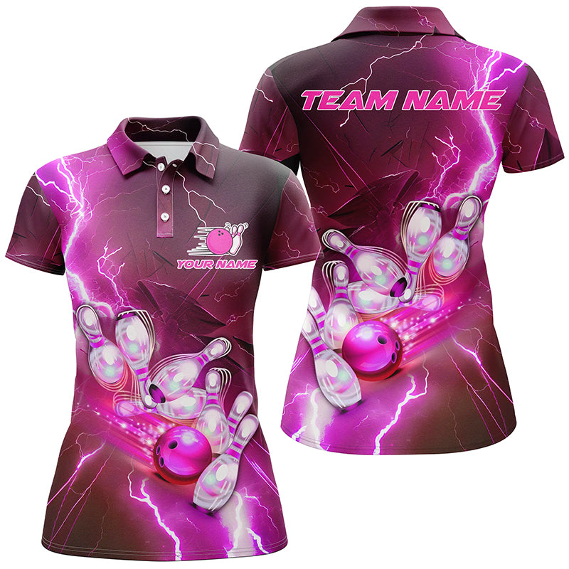 Lightning Strike Custom Pink Bowling Polo Shirts, Bowling Team Jerseys For Women IPHW5222