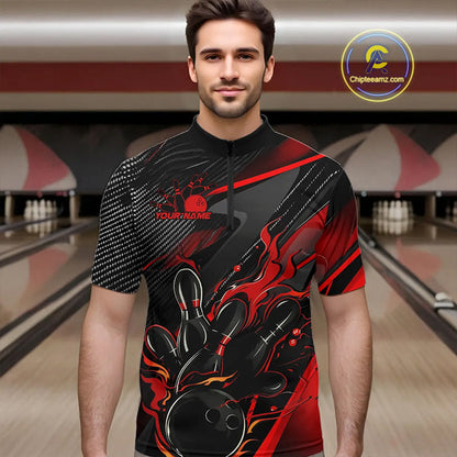 Black And Red Custom Flame Bowling Shirts For Men, Fire Bowling Team Shirt Bowler Jersey IPHW7931