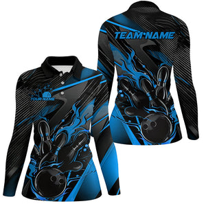 Black And Blue Custom Flame Bowling Shirts For Women, Fire Bowling Team Shirt Bowler Jersey IPHW7932