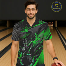 Load image into Gallery viewer, Black And Green Custom Flame Bowling Men Hawaiian Shirts, Fire Bowling Team Shirt Bowler Jersey IPHW7934