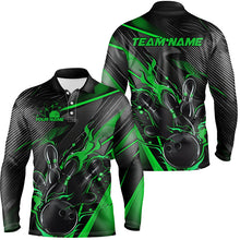 Load image into Gallery viewer, Black And Green Custom Flame Bowling Shirts For Men, Fire Bowling Team Shirt Bowler Jersey IPHW7934