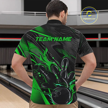 Black And Green Custom Flame Bowling Shirts For Men, Fire Bowling Team Shirt Bowler Jersey IPHW7934